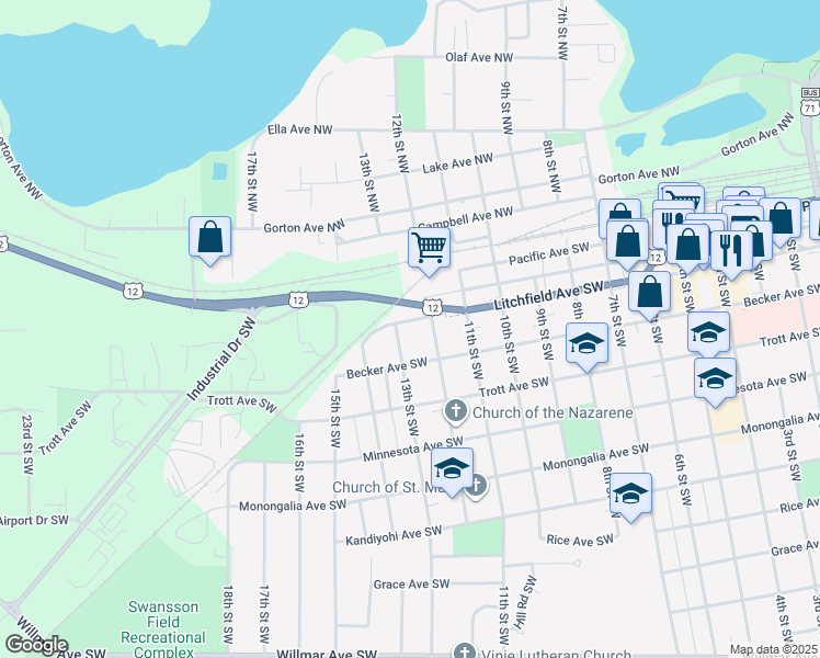 map of restaurants, bars, coffee shops, grocery stores, and more near 302 12th Street Northwest in Willmar