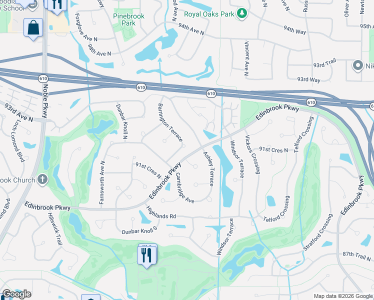 map of restaurants, bars, coffee shops, grocery stores, and more near 9128 Barrington Terrace in Minneapolis
