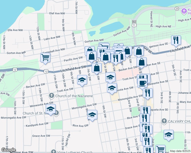 map of restaurants, bars, coffee shops, grocery stores, and more near in Willmar