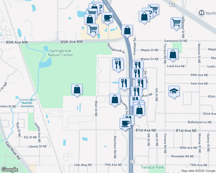 map of restaurants, bars, coffee shops, grocery stores, and more near 121 83rd Avenue Northeast in Fridley