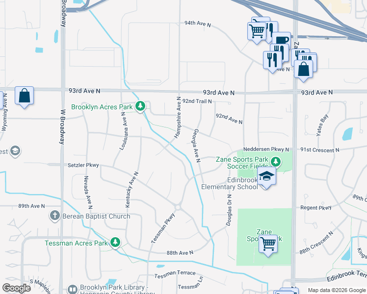 map of restaurants, bars, coffee shops, grocery stores, and more near 9109 Georgia Court North in Minneapolis