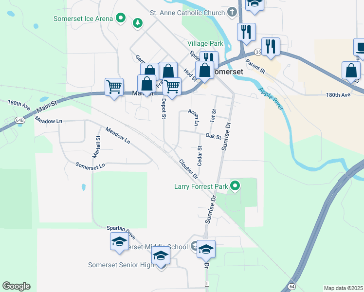map of restaurants, bars, coffee shops, grocery stores, and more near 308 Willow Street in Somerset
