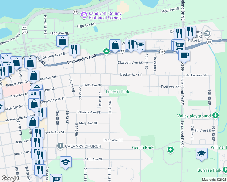 map of restaurants, bars, coffee shops, grocery stores, and more near 511 Julii Street Southeast in Willmar
