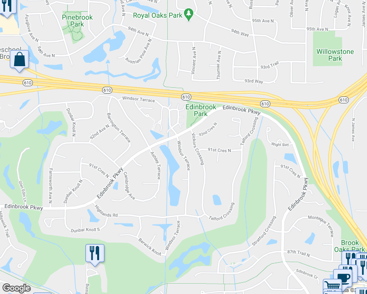 map of restaurants, bars, coffee shops, grocery stores, and more near 9100 Windsor Terrace in Minneapolis