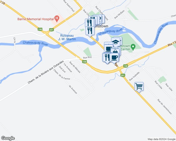map of restaurants, bars, coffee shops, grocery stores, and more near 1258 Rue de la Vallée in Ormstown