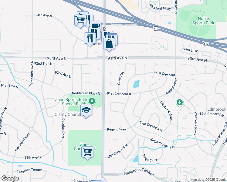 map of restaurants, bars, coffee shops, grocery stores, and more near 5816 91st Crescent in Brooklyn Park