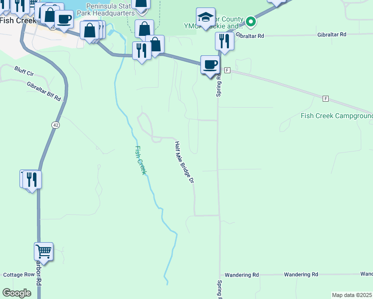 map of restaurants, bars, coffee shops, grocery stores, and more near 9250 Field Stone Court in Fish Creek