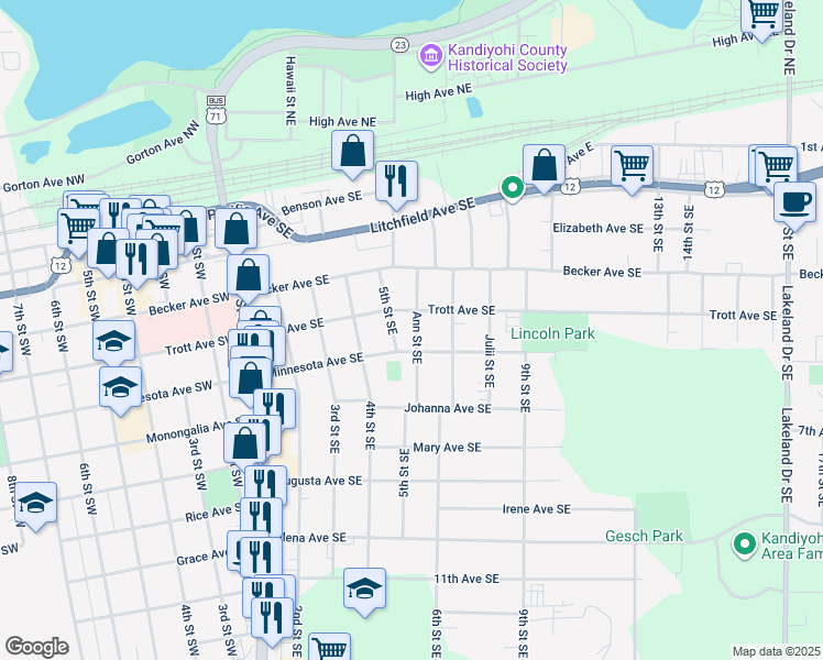 map of restaurants, bars, coffee shops, grocery stores, and more near 512 Ann Street Southeast in Willmar