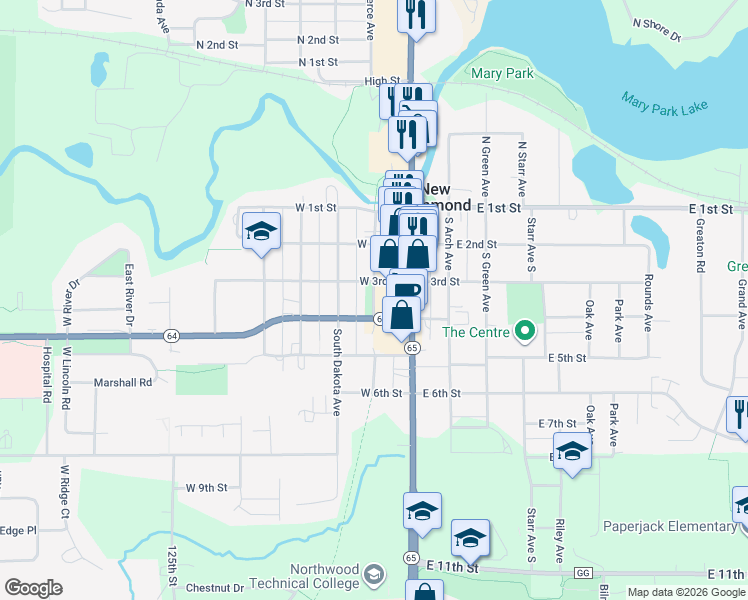 map of restaurants, bars, coffee shops, grocery stores, and more near Minnesota Avenue in New Richmond