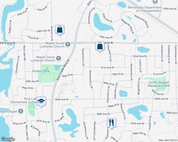 map of restaurants, bars, coffee shops, grocery stores, and more near 9083 Rosewood Lane North in Maple Grove