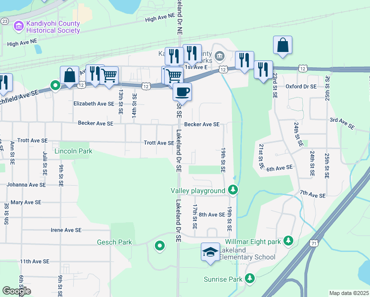 map of restaurants, bars, coffee shops, grocery stores, and more near 501 Lakeland Drive Southeast in Willmar