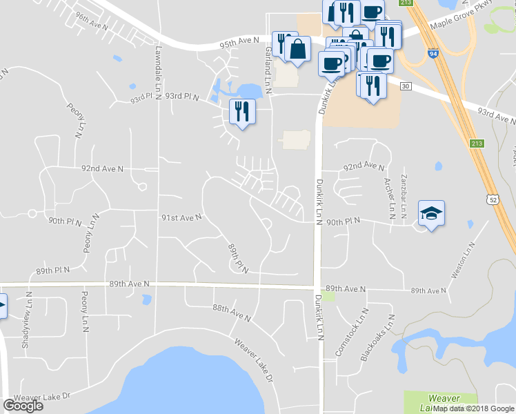 map of restaurants, bars, coffee shops, grocery stores, and more near 9036 Garland Lane North in Maple Grove