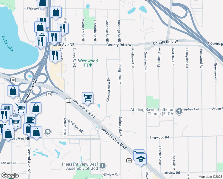 map of restaurants, bars, coffee shops, grocery stores, and more near 8355 Pleasant View Drive in Mounds View