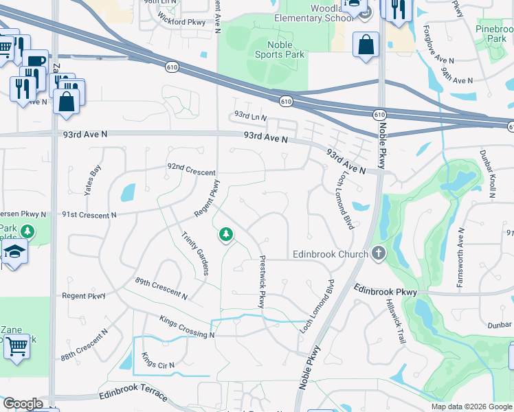 map of restaurants, bars, coffee shops, grocery stores, and more near 9106 Prestwick Court in Minneapolis