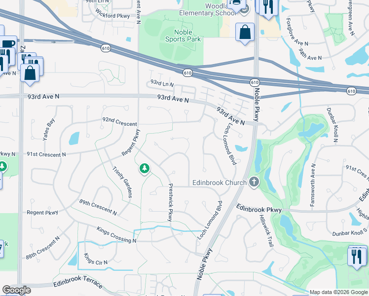 map of restaurants, bars, coffee shops, grocery stores, and more near 4701 91st Crescent in Minneapolis