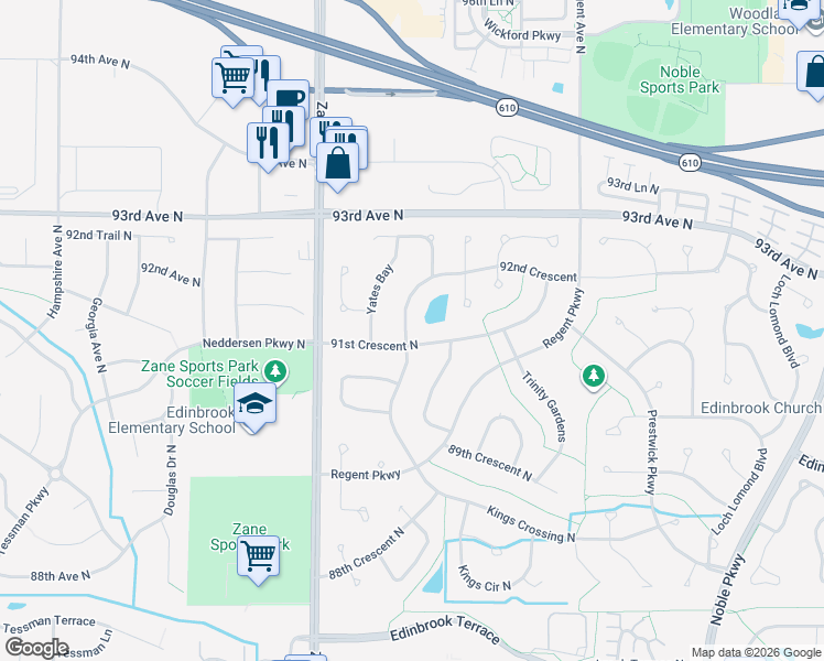 map of restaurants, bars, coffee shops, grocery stores, and more near 9106 Woodhall Crossing in Minneapolis