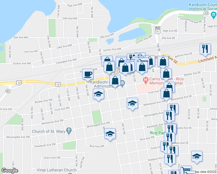 map of restaurants, bars, coffee shops, grocery stores, and more near 620 Becker Avenue Southwest in Willmar