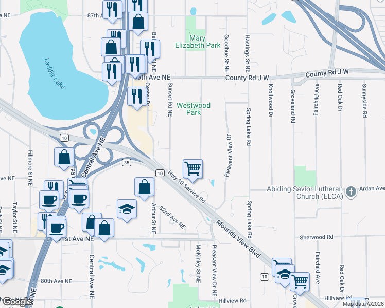 map of restaurants, bars, coffee shops, grocery stores, and more near 8346 Westwood Road Northeast in Minneapolis