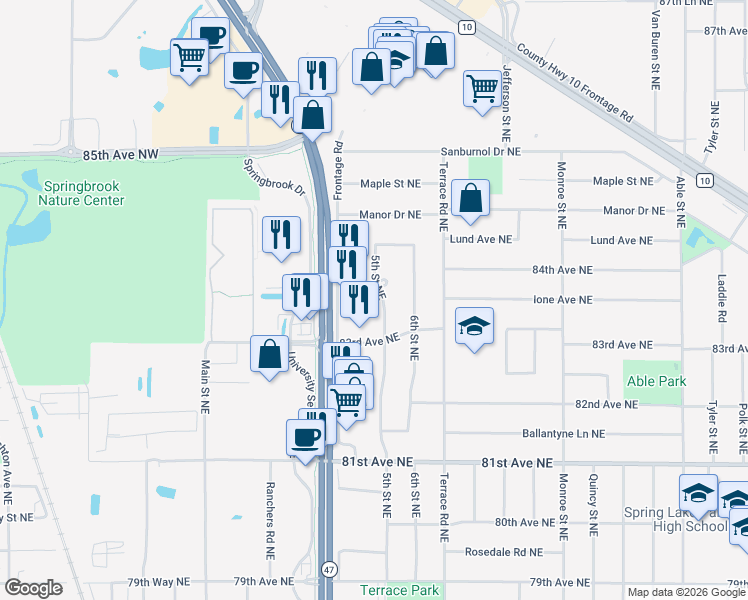 map of restaurants, bars, coffee shops, grocery stores, and more near 8351 5th Street Northeast in Minneapolis