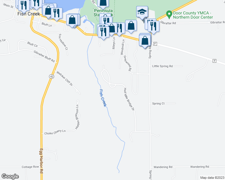 map of restaurants, bars, coffee shops, grocery stores, and more near 9273 Half Mile Bridge Drive in Fish Creek