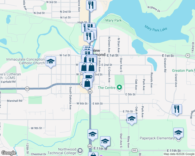 map of restaurants, bars, coffee shops, grocery stores, and more near 319 South Arch Avenue in New Richmond