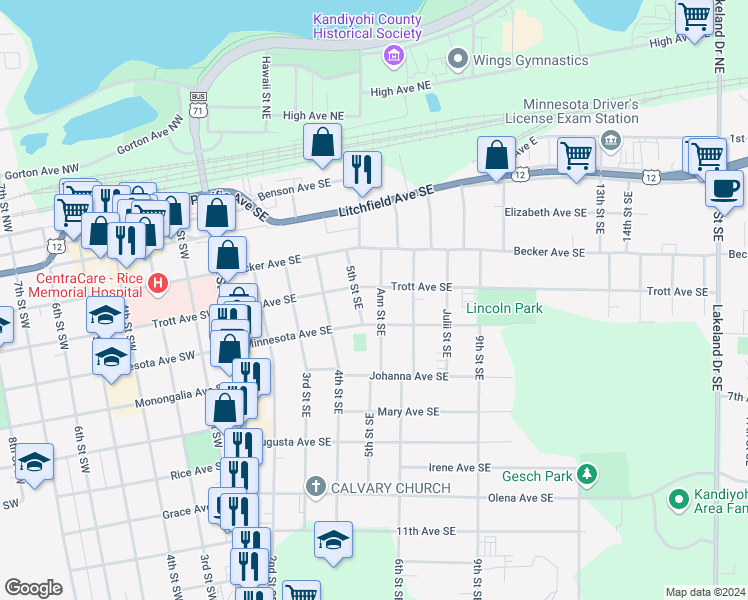 map of restaurants, bars, coffee shops, grocery stores, and more near 512 Ann Street Southeast in Willmar