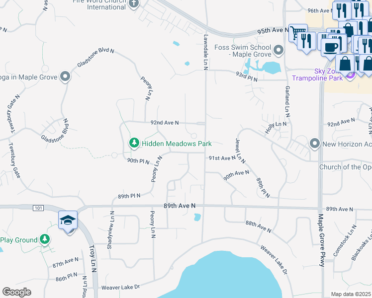 map of restaurants, bars, coffee shops, grocery stores, and more near 17642 91st Avenue North in Osseo