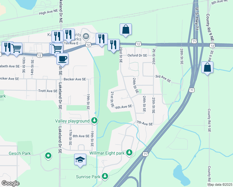 map of restaurants, bars, coffee shops, grocery stores, and more near 2101 4th Avenue Southeast in Willmar