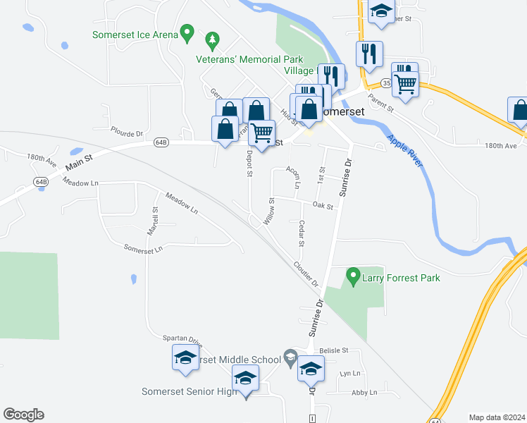 map of restaurants, bars, coffee shops, grocery stores, and more near 306 Willow Street in Somerset