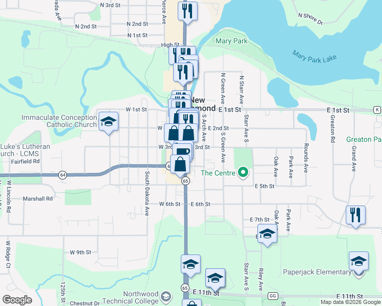 map of restaurants, bars, coffee shops, grocery stores, and more near 319 South Arch Avenue in New Richmond
