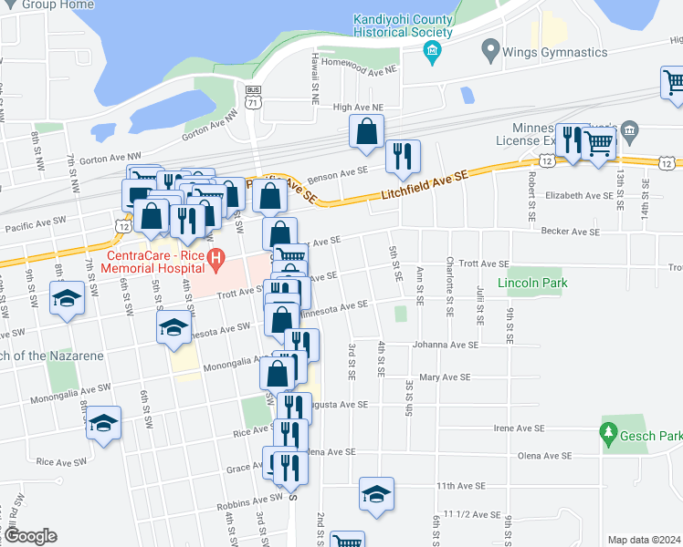 map of restaurants, bars, coffee shops, grocery stores, and more near 308 Trott Avenue Southeast in Willmar
