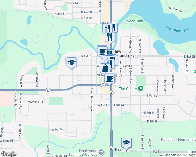 map of restaurants, bars, coffee shops, grocery stores, and more near Minnesota Avenue in New Richmond