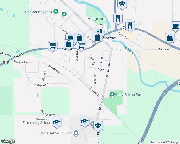 map of restaurants, bars, coffee shops, grocery stores, and more near 306 Willow Street in Somerset
