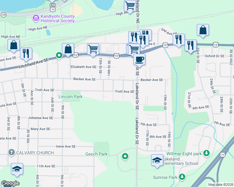 map of restaurants, bars, coffee shops, grocery stores, and more near 1404 Trott Avenue Southeast in Willmar
