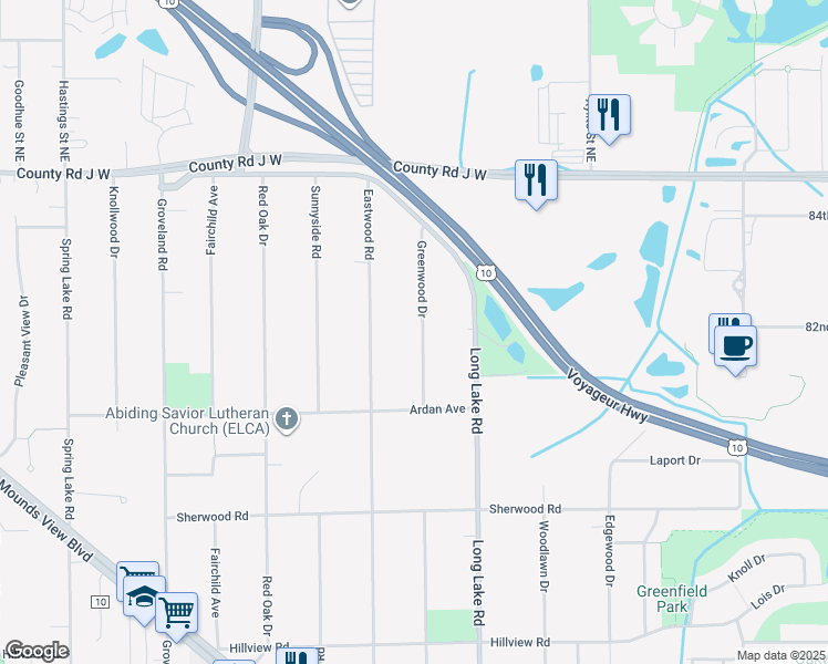 map of restaurants, bars, coffee shops, grocery stores, and more near 8320 Greenwood Drive in Mounds View