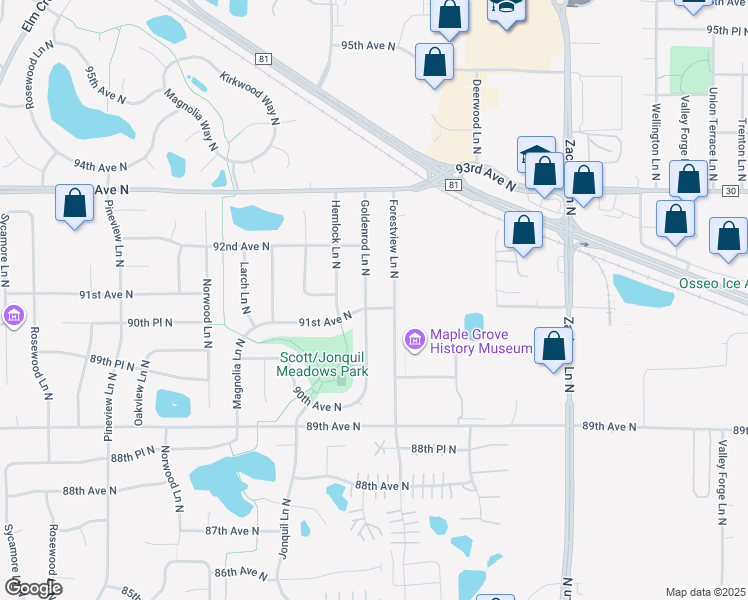 map of restaurants, bars, coffee shops, grocery stores, and more near 9110 Goldenrod Lane North in Maple Grove
