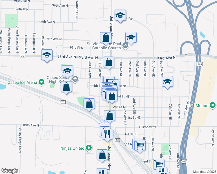 map of restaurants, bars, coffee shops, grocery stores, and more near 341 Central Avenue in Osseo