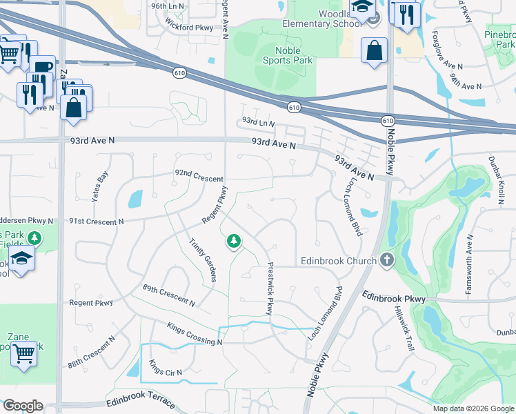 map of restaurants, bars, coffee shops, grocery stores, and more near 9106 Prestwick Court in Minneapolis