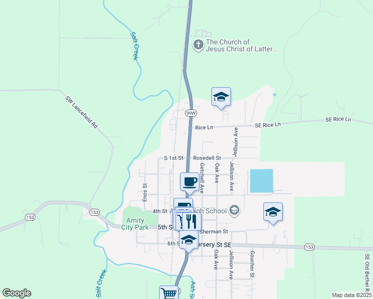 map of restaurants, bars, coffee shops, grocery stores, and more near 109 South 1st Street in Amity