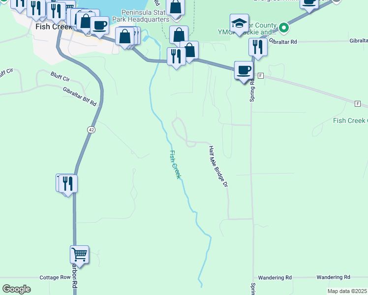 map of restaurants, bars, coffee shops, grocery stores, and more near 9273 Half Mile Bridge Drive in Fish Creek