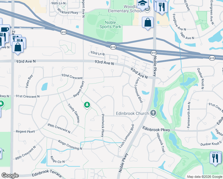 map of restaurants, bars, coffee shops, grocery stores, and more near 4701 91st Crescent in Minneapolis