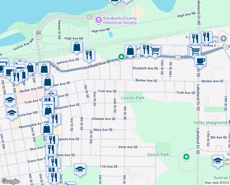 map of restaurants, bars, coffee shops, grocery stores, and more near 511 Julii Street Southeast in Willmar