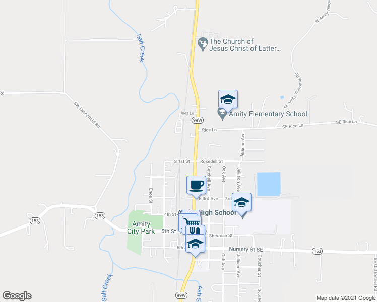 map of restaurants, bars, coffee shops, grocery stores, and more near 109 South 1st Street in Amity