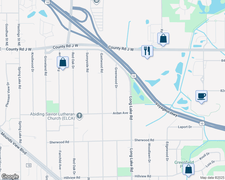 map of restaurants, bars, coffee shops, grocery stores, and more near 8320 Greenwood Drive in Mounds View