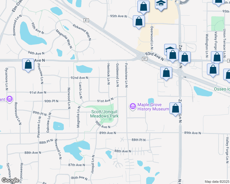 map of restaurants, bars, coffee shops, grocery stores, and more near 9110 Goldenrod Lane North in Maple Grove