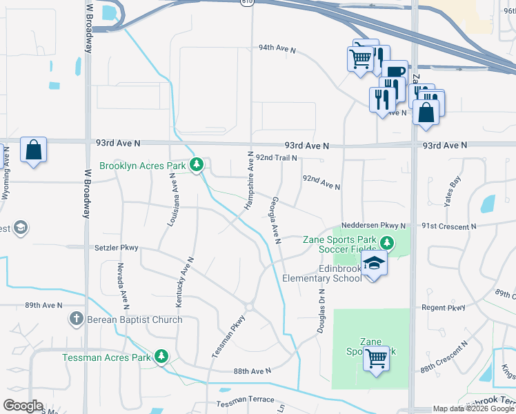 map of restaurants, bars, coffee shops, grocery stores, and more near 9109 Georgia Court North in Minneapolis