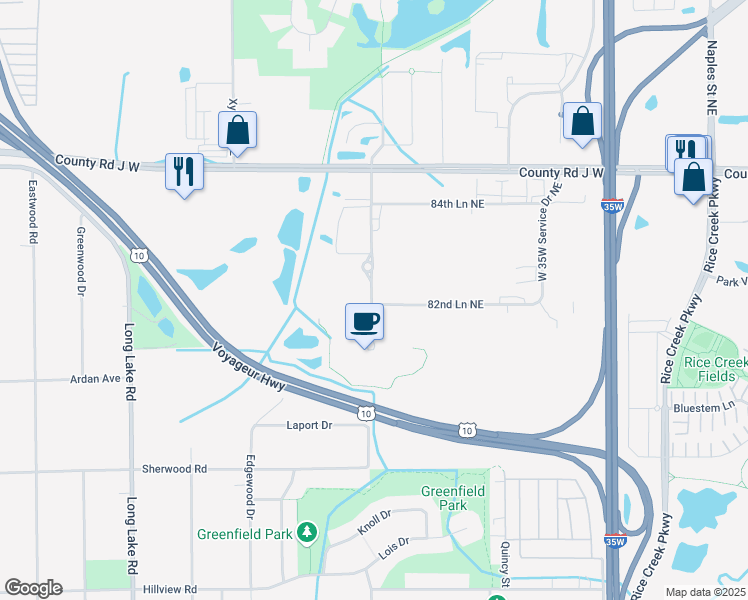 map of restaurants, bars, coffee shops, grocery stores, and more near 8200 Coral Sea Street Northeast in Mounds View