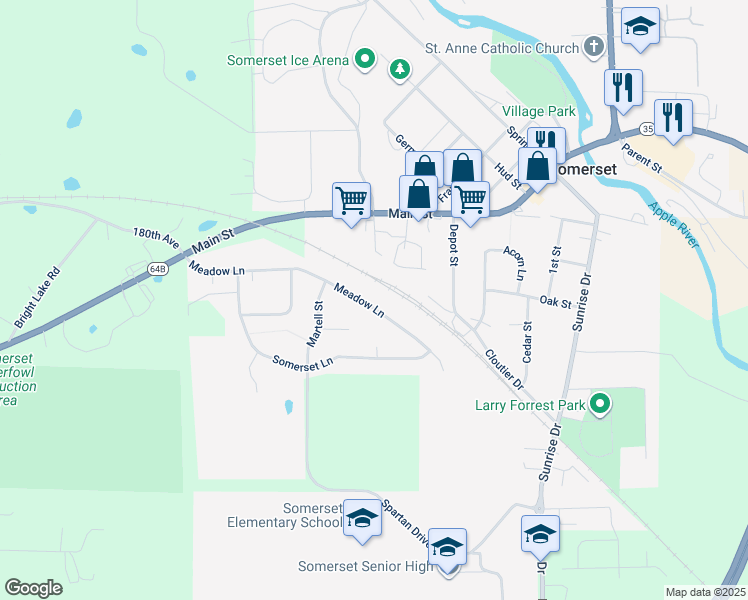 map of restaurants, bars, coffee shops, grocery stores, and more near 450 Meadow Lane in Somerset
