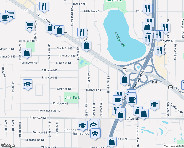 map of restaurants, bars, coffee shops, grocery stores, and more near 8363 Laddie Road in Minneapolis