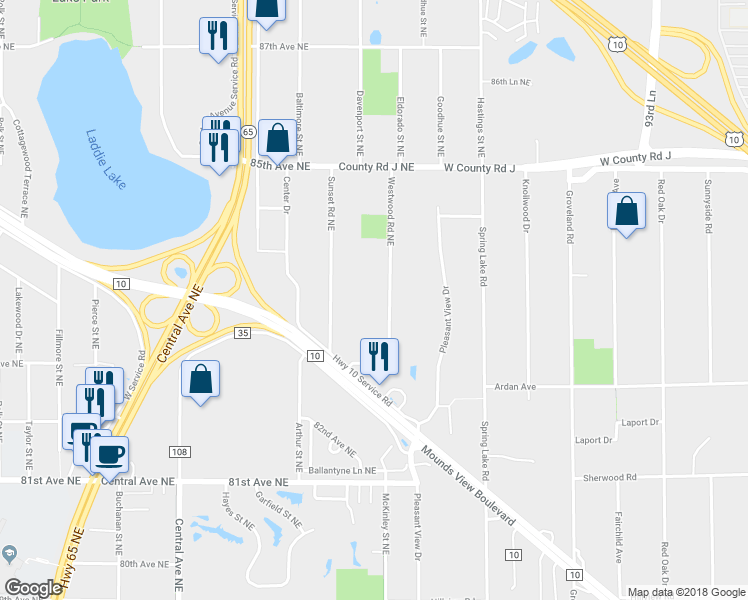map of restaurants, bars, coffee shops, grocery stores, and more near 8356 Westwood Road Northeast in Minneapolis